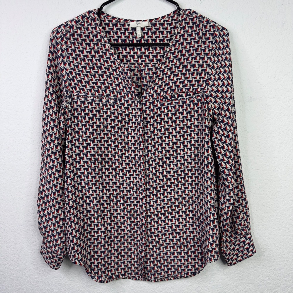 Joie Blouse Shirt Womens XS Silk Nautical Sailboat Long Sleeve Preppy‎ Coastal